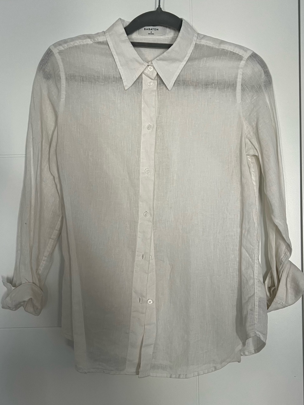Babaton Linen White Casual Button-Down Shirt